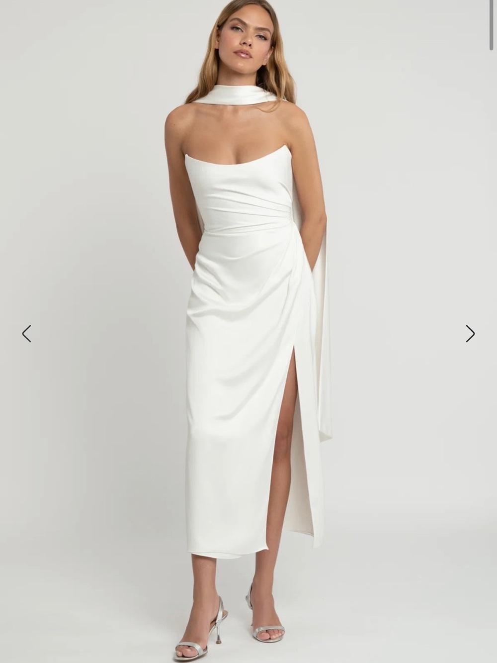 Jenny Yoo White Satin Halter Maxi Dress with Scarf